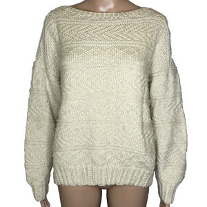 Women's Medium Vtg Pingouin Brazil Ivory Cable Knit 100% Wool Fisherman Sweater